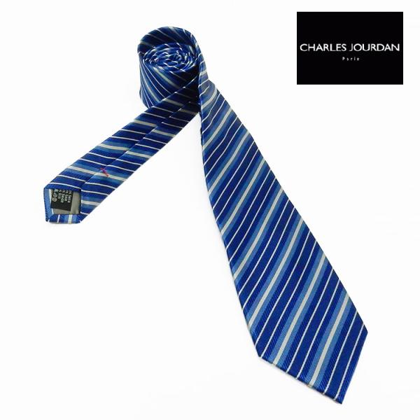 CHARLES JOURDAN　イタリア製ネクタイ　青紺×サックス　ストライプ　シルク100％　メー...