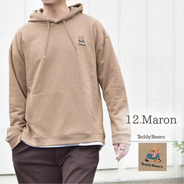 テディベア　パーカー　ベージュ　長袖　ワンポイント　裏毛　ビッグシルエット　カジュアル　トップス　メ...