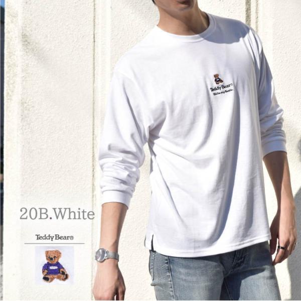 テディベア Tシャツ 長袖　白　センター刺繍　クルーネック　カジュアル　トップス　ロンT　メンズ　ユ...