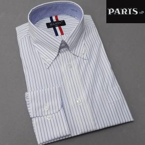 長袖ワイシャツ　白地×紺×青　ストライプ　セミロングポイントカラー　ボタンダウン　PARIS-16e　形態安定　HKP-B08｜dxksm466