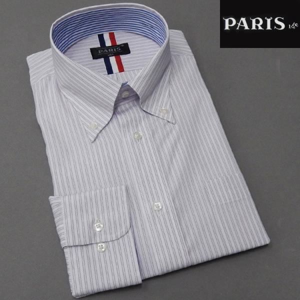 長袖ワイシャツ　白×紫系　ストライプ　ボタンダウン　セミロングポイント　PARIS-16e　形態安定...