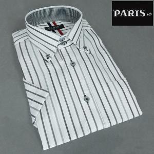 半袖 ワイシャツ　白×グレー　ストライプ　ドゥエ　ボタンダウン　PARIS-16e　形態安定　M-3L　HKP-HSF｜dxksm466