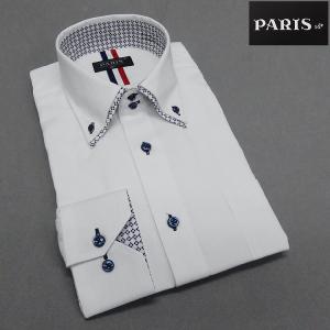 長袖ワイシャツ　白　ドビーストライプ　ボタンダウン　ドゥエボットーニ　二枚衿　PARIS-16e　形態安定　M-LL　HKP-Z05｜dxksm466
