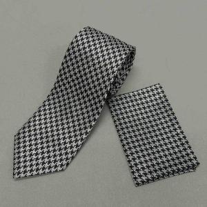 京都産　フォーマルネクタイ　チーフ付　シルク100％　シルバー×黒/千鳥格子　KYOTO VINTAGE　結婚式　メール便OK　KV-RTP2