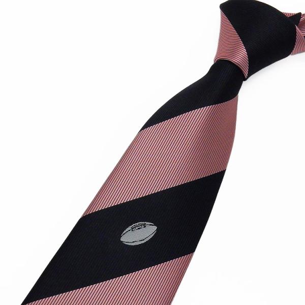 スポーツ応援タイ　ラグビー　ピンク×黒　ストライプ/ワンポイント　日本製ネクタイ　甲州織　NSP11...