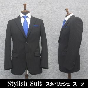 春夏物 2パンツ ベーシック2釦スーツ 黒/ストライプ メンズスーツ [A