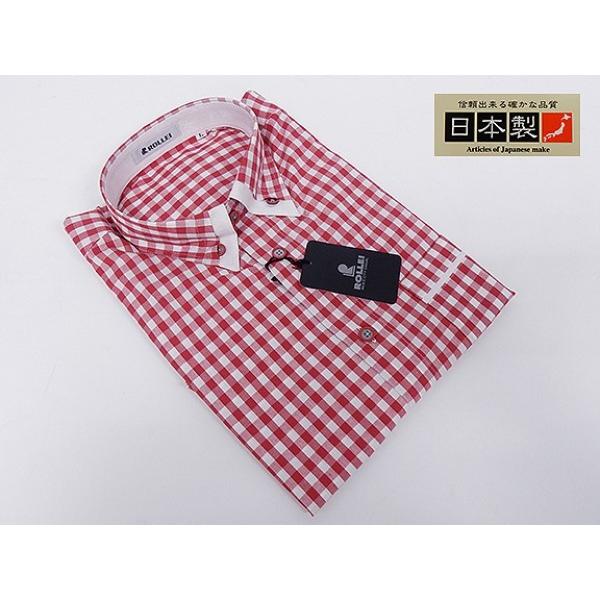 アダルトカジュアルシャツ　[ROLLEI]　日本製　長袖　白×赤　チェック　マイターカラー　綿100...
