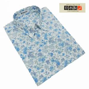 アダルトカジュアルシャツ [ROLLEI] 日本製 長袖 白×ブルー系 草花柄 綿100％ デザインシャツ ROL34342-1｜dxksm466