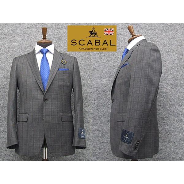 秋冬物　[Scabal] スキャバル　スタイリッシュ2釦シングルスーツ　グレー/格子　日本製　ロゴ裏...