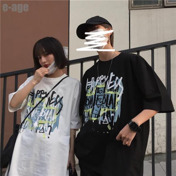 Tシャツ カップル レディース半袖夏ゆるいトップス韓国ファッション原宿系BF風ヒップホップダンススト...