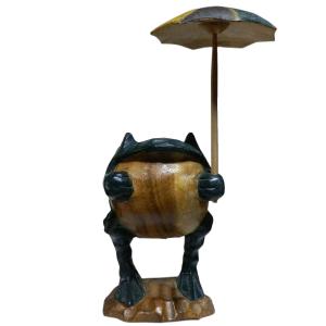 木彫り　アジアン雑貨　傘持ちカエルの木彫り3｜e-bingo