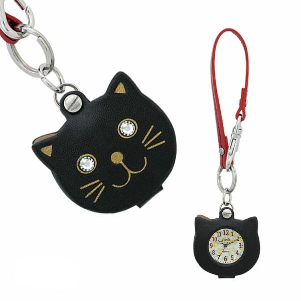 J-AXIS フックストラップ時計 ルーペ付き ポケットウォッチ 黒猫 黒ネコ BP1100-BK ...