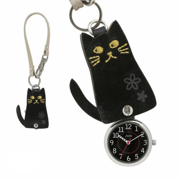 J-AXIS フックストラップ時計 スライド式 ポケットウォッチ 黒猫 黒ネコ 刺繍 HP139-B...