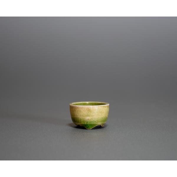 プチ盆栽鉢　緑いらぼ釉 丸盆栽鉢　小鉢　小さい鉢　國井正子鉢　p0546