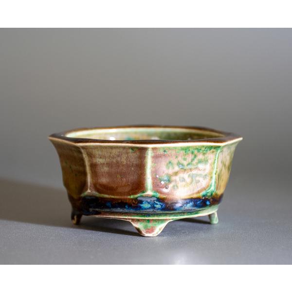 盆栽鉢　織部釉八角盆栽鉢　小品盆栽鉢　小さな盆栽鉢　p0951