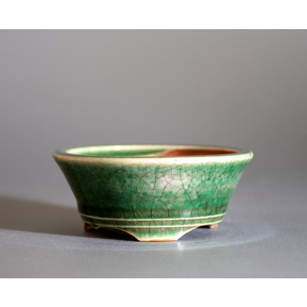 盆栽鉢　織部釉丸盆栽鉢　小品盆栽鉢　ミニ盆栽鉢　國井正子鉢　p0980