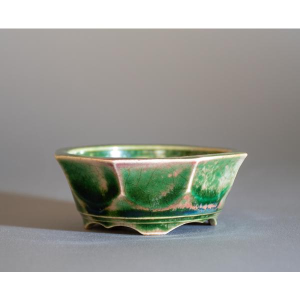 盆栽鉢　織部釉八角盆栽鉢　小品盆栽鉢　小さな盆栽鉢　p0983