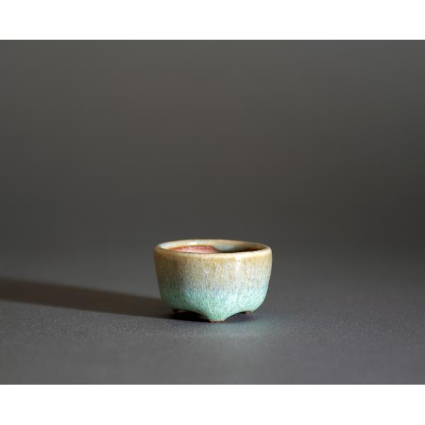 プチ盆栽鉢　黄緑流紋釉 丸盆栽鉢　小鉢　小さな盆栽鉢　 p1072