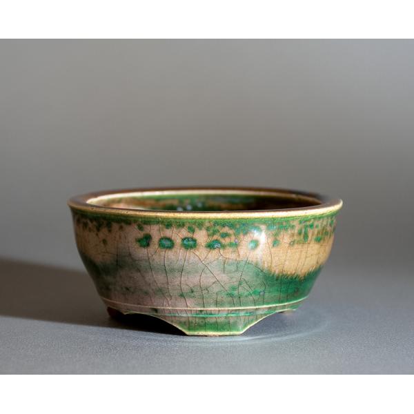 盆栽鉢　織部釉丸盆栽鉢　小品盆栽鉢　ミニ盆栽鉢　國井正子鉢　p1127