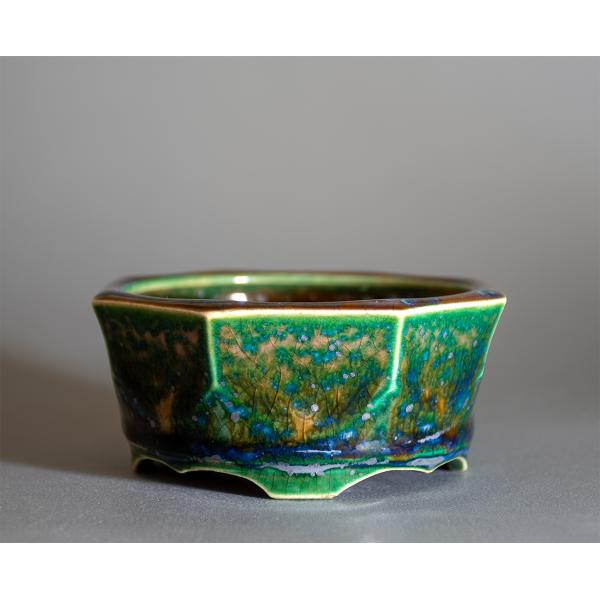 盆栽鉢 3号　織部釉八角盆栽鉢　小品盆栽鉢　小さな盆栽鉢　國井正子盆栽鉢　盆栽鉢作家　p1280