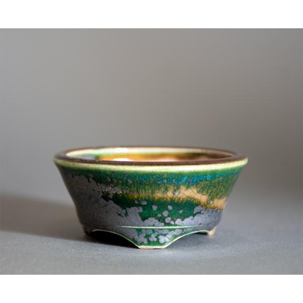 ミニ盆栽鉢　織部釉 丸盆栽鉢　小さな盆栽鉢　國井正子盆栽鉢　盆栽鉢作家　p1316