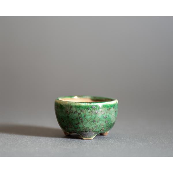 プチ盆栽鉢　織部釉 丸盆栽鉢　小鉢　小さい鉢　國井正子盆栽鉢　盆栽鉢作家　p1321
