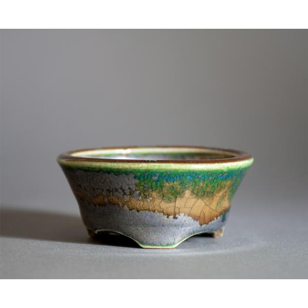 ミニ盆栽鉢　織部釉 丸盆栽鉢　小さな盆栽鉢　國井正子盆栽鉢　盆栽鉢作家　p1332