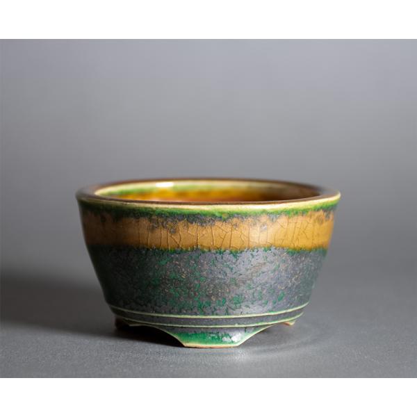 盆栽鉢 3号　織部釉丸盆栽鉢　小品盆栽鉢　ミニ盆栽鉢　國井正子鉢　盆栽鉢作家　p1439