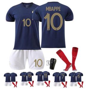 フランス代表 2022年ワールドカップ 子供 大人用 上下着3点 ストッキング付き プロテクター ベンゼマ エムバペ ポグバ サッカーユニフォーム 送料無料