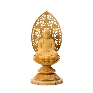 仏像 桧 丸台座(蓮華) 座釈迦 唐草光背 金泥付 2.0寸 : 仏壇・仏具の