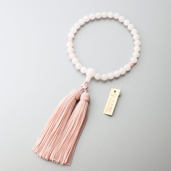 数珠 女性用 ホワイトオニキス8mm 二天紅水晶 正絹房 灰桜色  京念珠