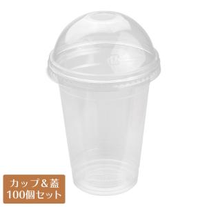 クリアカップ蓋付 プラスチックカップ TAPS92-420L 14オンス リサイクルペットカップ ドームリッド(穴有) 100個セット｜e-cafe