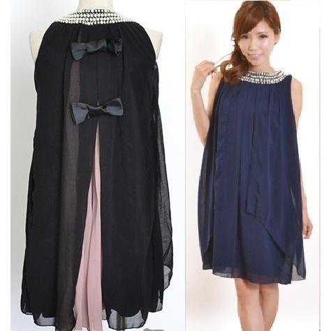 メール便送料無料ドレス バックリボン＆プリーツで見返り美人 シフォンワンピース（ブラック）パールビジ...