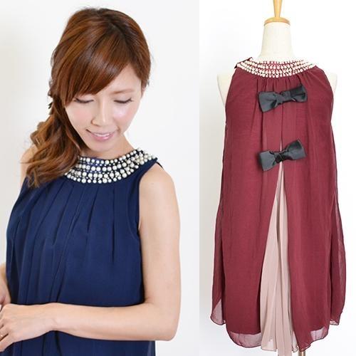 メール便送料無料ドレス バックリボン＆プリーツで見返り美人 シフォンワンピース（ワイン）パールビジュ...