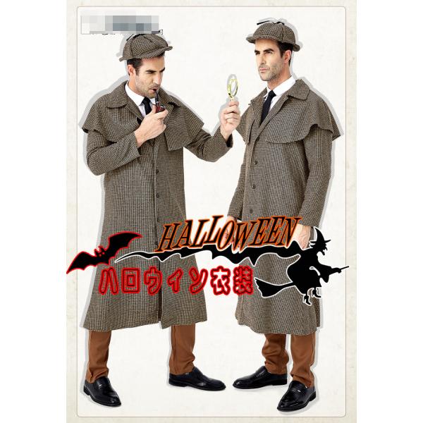 M〜XXL Men&apos;s  名探偵 ホームズ 衣装  ハロウィン 衣装  コートと帽子2セット 男性用...