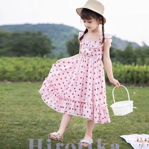 ワンピース 夏服 子供服 シフォンワンピース サンドレス ロング 女の子 ノースリーブ リゾート ドット柄 おしゃれ 子ども服 キッズ ピンク 可愛い 110-160cm｜e-den