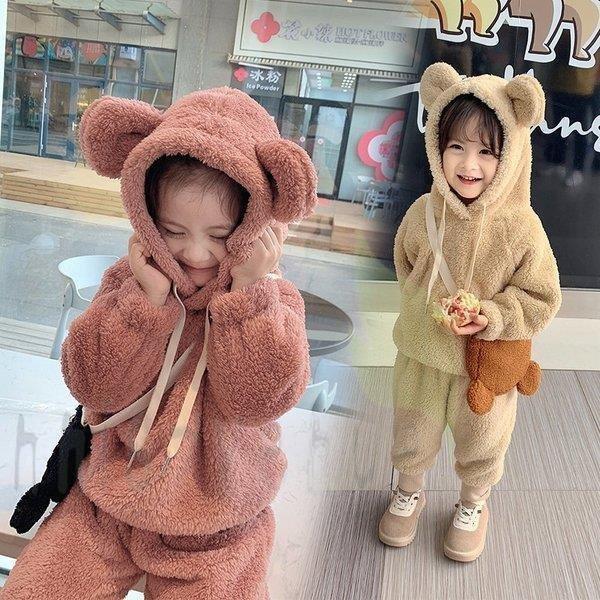 子供服 セットアップ男女兼用 女の子ベビー キッズ 厚手 秋冬耳付き 3点セット 韓国パーカー+長ズ...