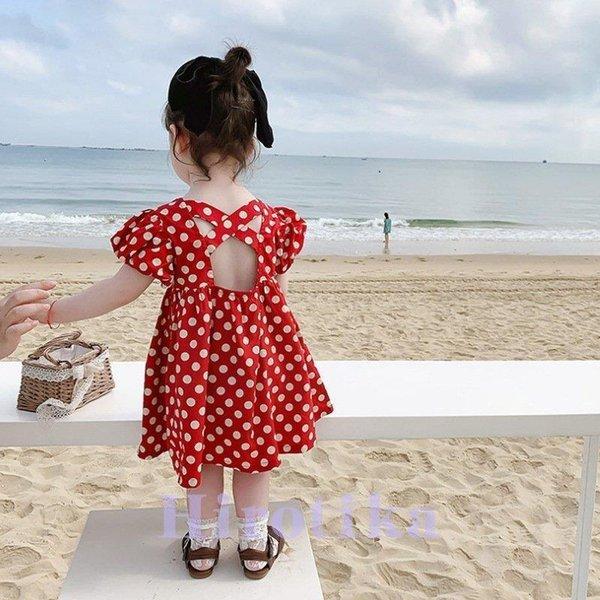 子供服 ドット柄ワンピース レッド ロング 女の子  半袖綿  オフシ背中出しョルダー サンドレス ...