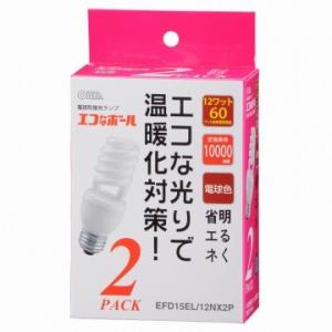 オーム電機  電球形蛍光灯 スパイラル形 E26 60形相当 電球色 エコなボール 2個入 [品番]04-5494  EFD15EL/12NX2P｜e-dennet