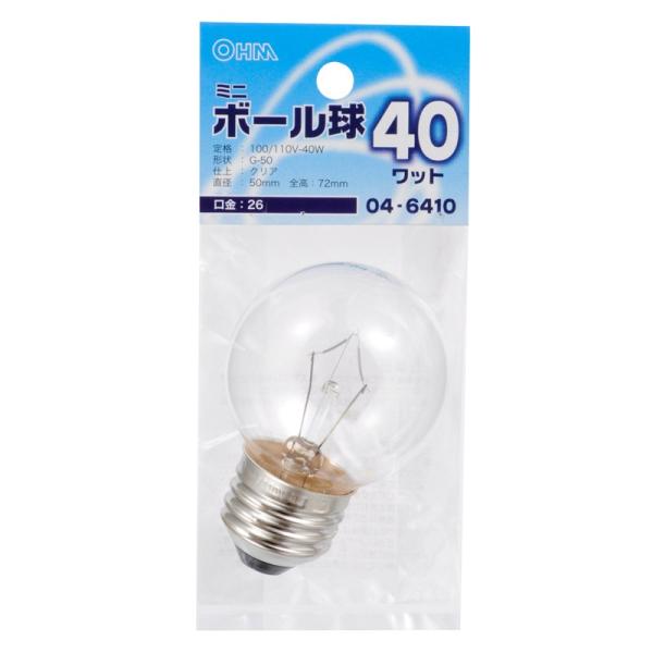 オーム電機　ミニボール球 G50型 E26/40W クリア [品番]04-6410 型番　LB-G5...