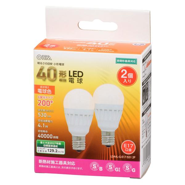 オーム電機　LDA4L-G-E17 IS51 2P　LED電球 小形 E17 40形相当 電球色 2...
