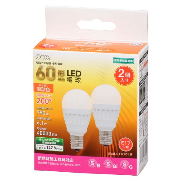 オーム電機　LDA6L-G-E17 IS51 2P　LED電球 小形 E17 60形相当 電球色 2...