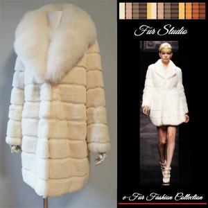 【美品】 リアルファージャケット アウター ミンク ホワイト系 毛皮 9号 街角でひときわ目を引く☆大人可愛いホワイトフォックスファー×クロス