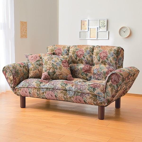 もこもこカウチソファー(クッション付) グレー ネイビー 花柄