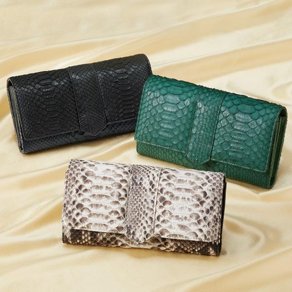 パイソン長財布 グリーン ナチュラル 黒