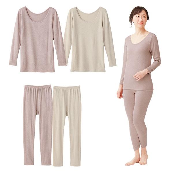 ぬくもりやわらか発熱インナー2枚組 パンツ2色組 ベージュ上下セット ローズグレー上下セット 上衣2...