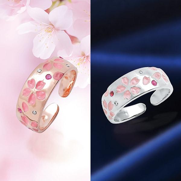 ダイヤモンド&amp;サファイア桜彫フリーリング シルバー ピンクゴールド