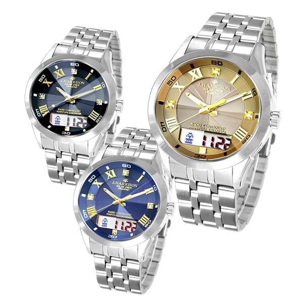 ジョン・ハリソン 3石天然ダイヤ・カレンダー付ソーラー光発電電波時計 ゴールド ネイビー ブラック