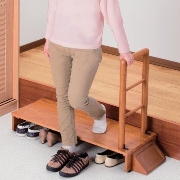 木製手すり付玄関踏み台 片側・幅100cm