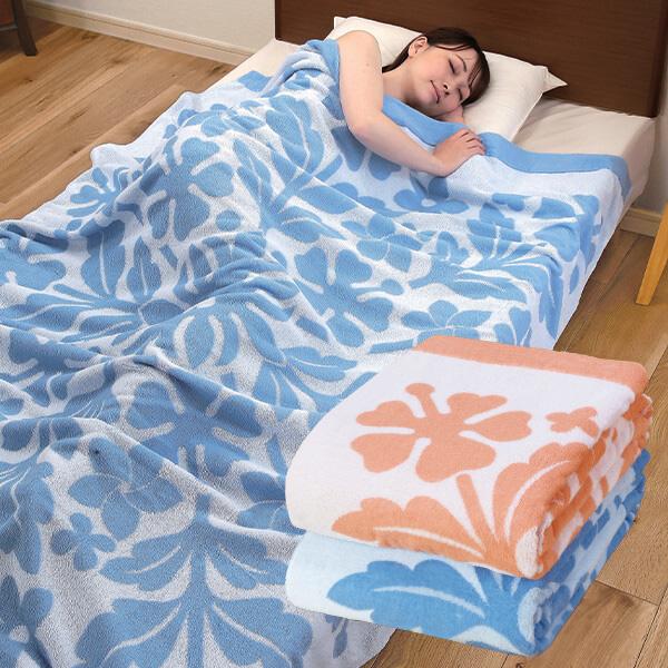 今治産ハワイアン柄タオルケット 2色組（オレンジ・ブルー）